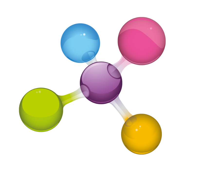 A colourful molecular structure with five connected spheres in blue, pink, purple, green, and yellow, representing atoms linked together.